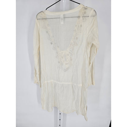 Ocean Club Womens Sz M Swimsuit Cover Up Cream Brown Embroidered Deep V