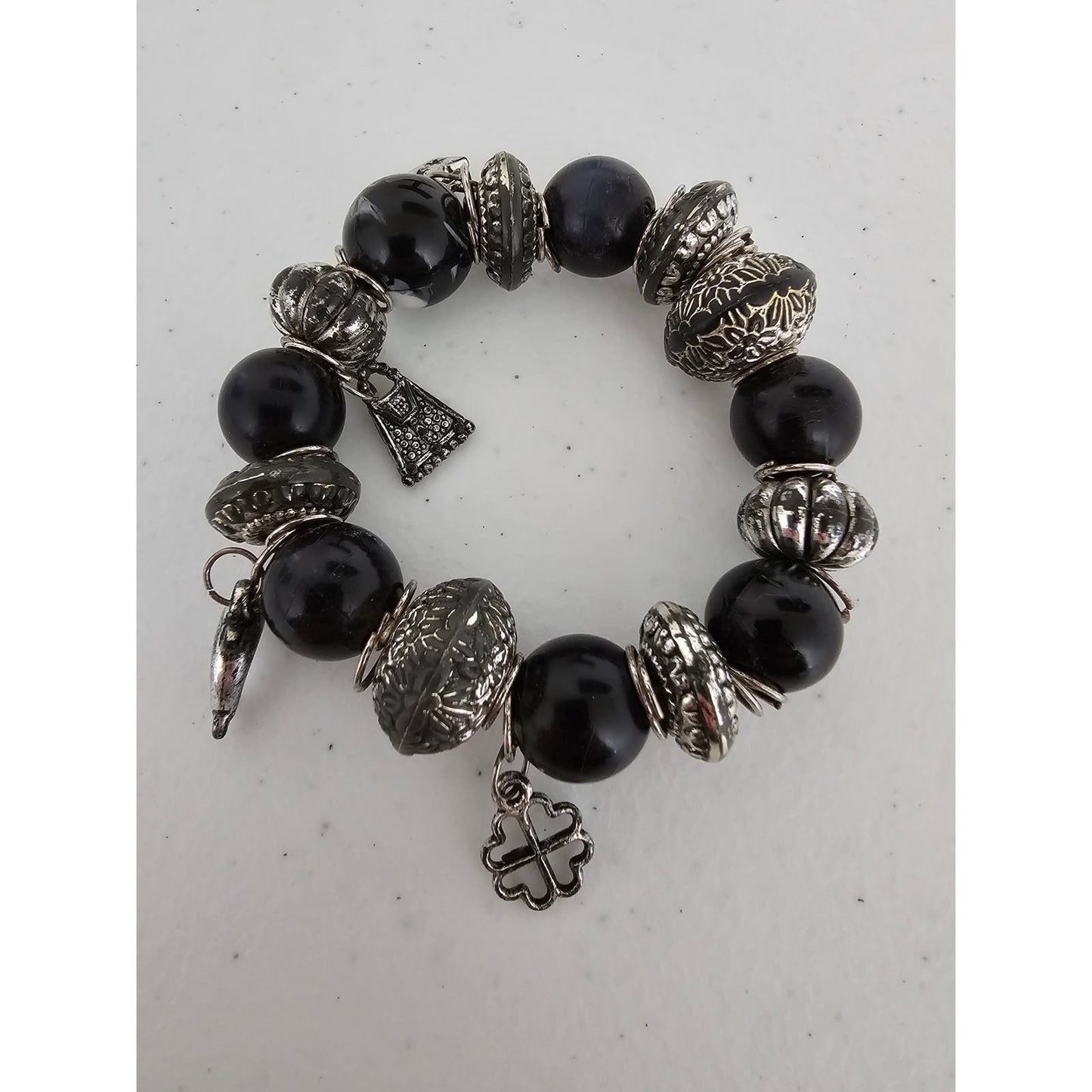 Vintage Y2K Chunky Beaded Charm Bracelet Black and Silver Tone