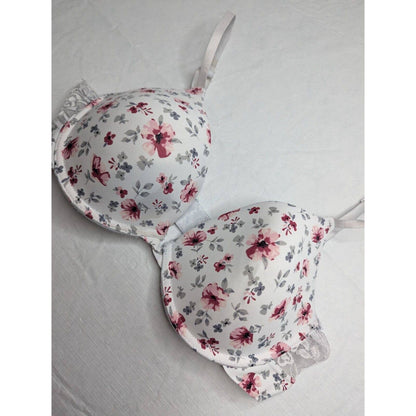 Laura Ashley Womens Sz 36C Padded Push Up Bra White Pink Floral