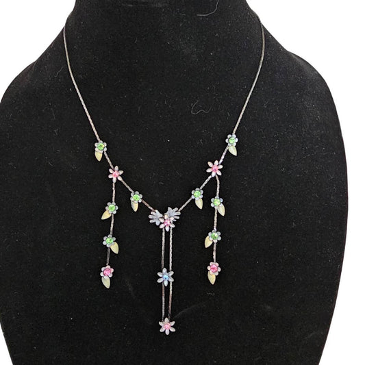 Vintage Y2K Dainty Waterfall Necklace Silver Tone Colorful Rhinestone Flowers