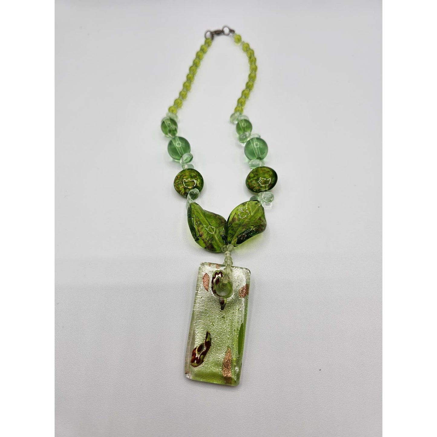 Vintage Mid Century Lime Green Glass Beaded Necklace w/ Square Pendant