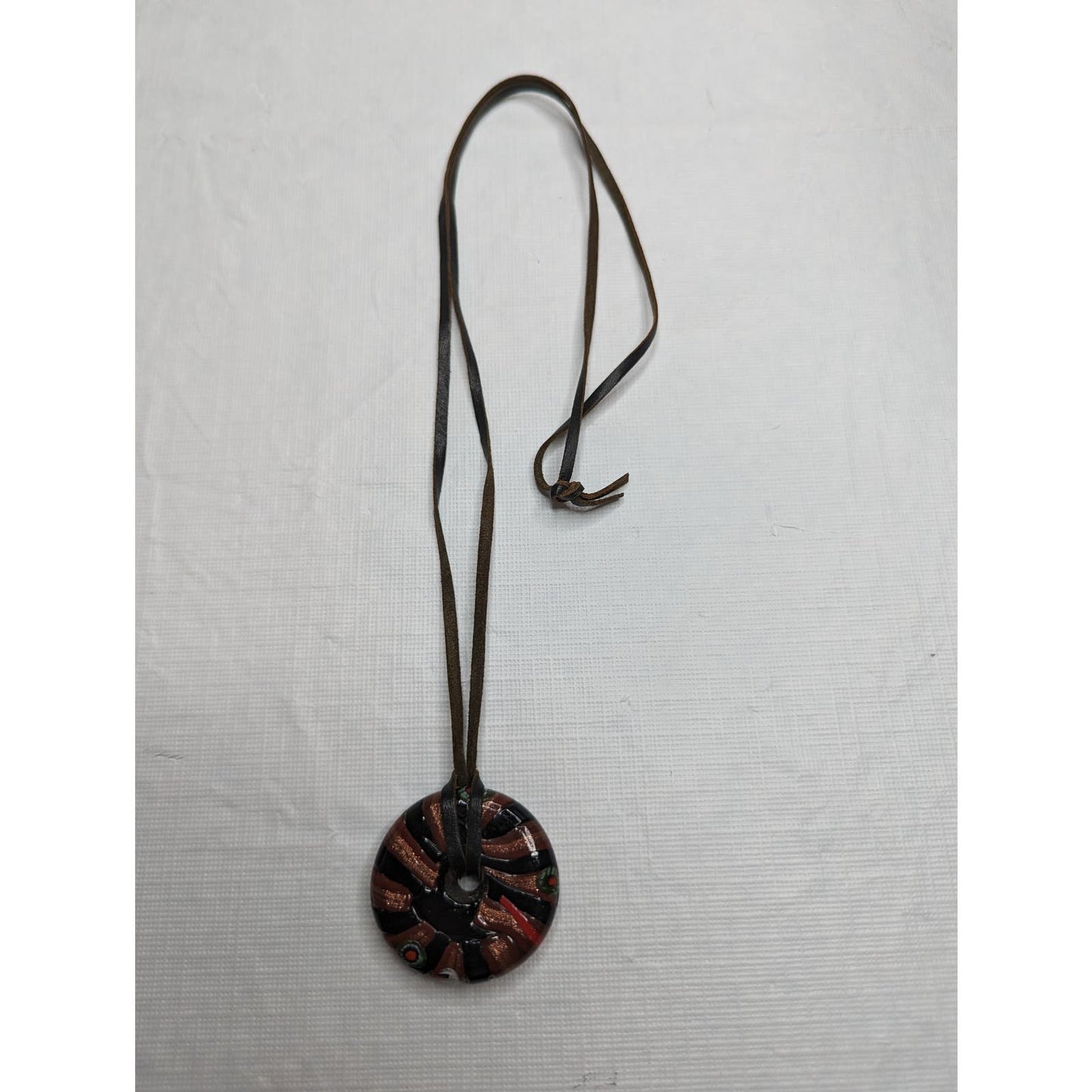 Vintage Leather and Glass Pendant Mid Century Necklace Red Black Disk