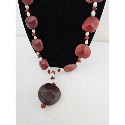 Vintage Mid Century Dark Red Shell Chunky Beaded Necklace Primitive