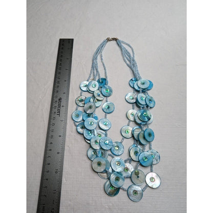 Vintage Light Blue Disk Mother of Pearl Multi Strand Beaded Necklace