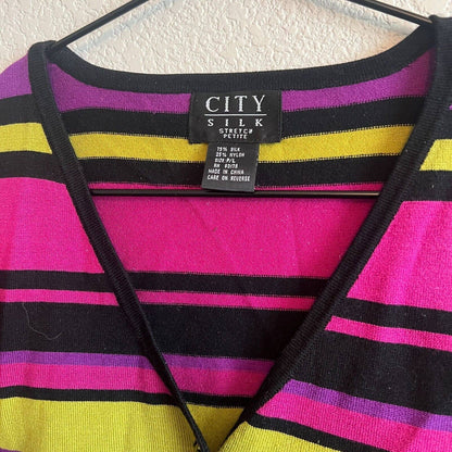 City Silks Womens Petite PL Button Front Cardigan Sweater Striped V Neck