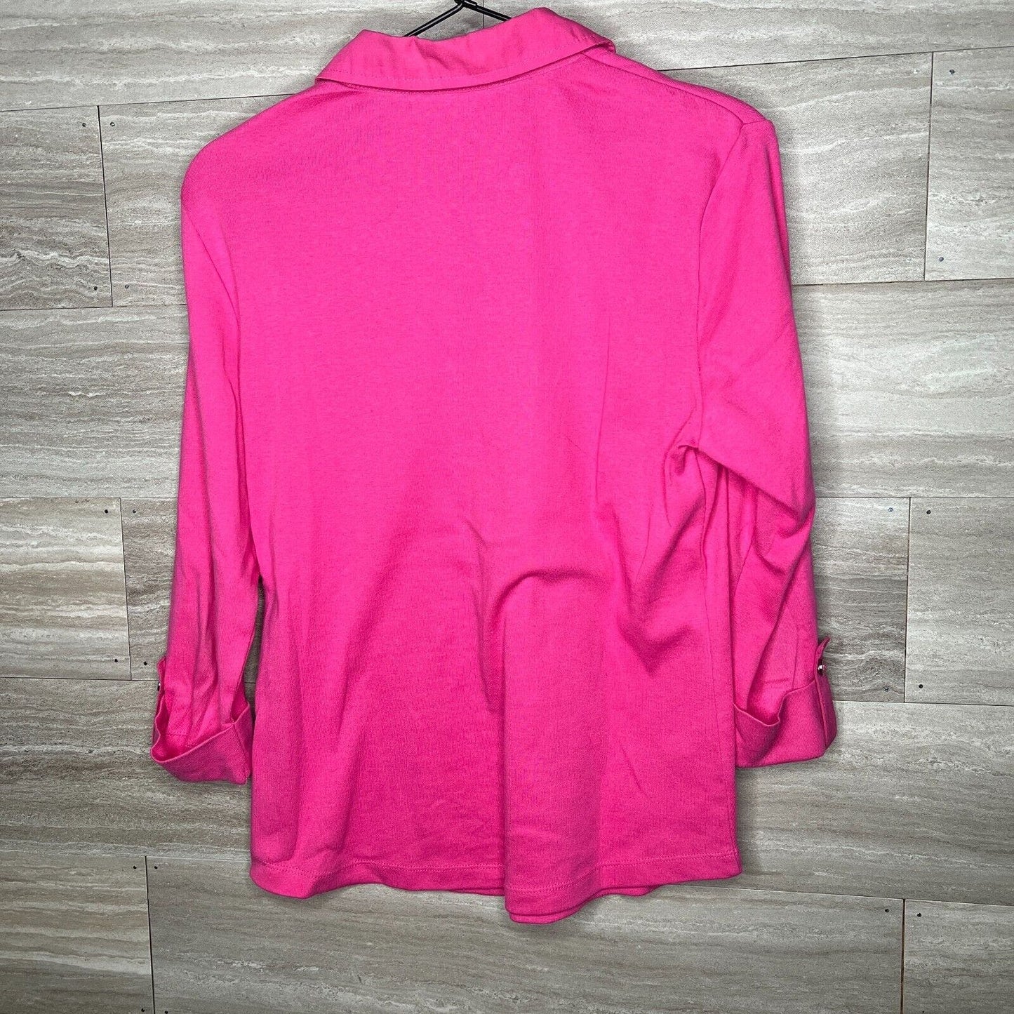 Karen Scott Petites Womens Sz PL Fuchsia Pink Tab Sleeve Long Sleeve Shirt