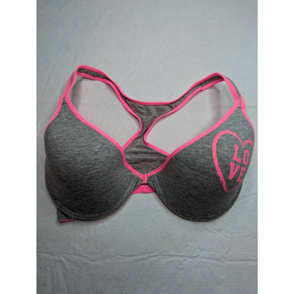 Fruit of the Loom Sz 36DD Front Clasp T Shirt Bra Gray Pink Cotton Heart