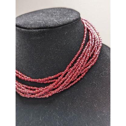 Vintage Womens Multi Strand Seed Bead Necklace Burgundy Red