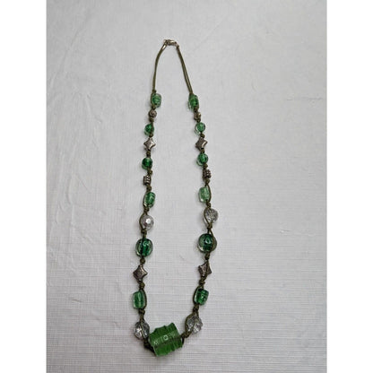 Vintage Green Glass Beaded Leather Rope Style Necklace Silvertone Accents