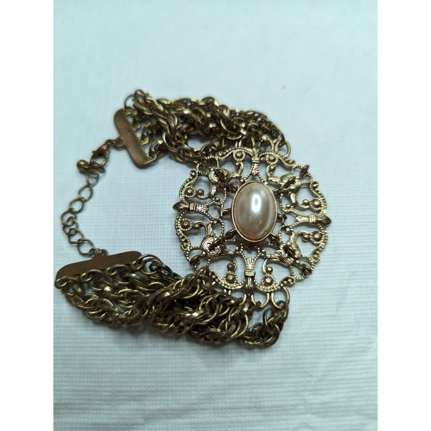 Vintage Victorian Style Cameo Gold Tone Faux Pearl Chain Bracelet