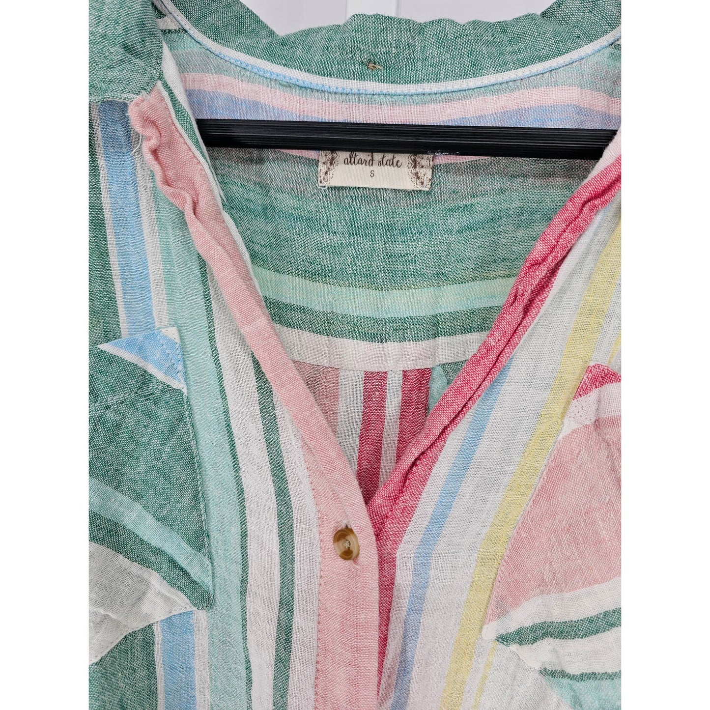 Altard State Womens Sz S Short Sleeve Button Up Blouse Pastel Rainbow Striped