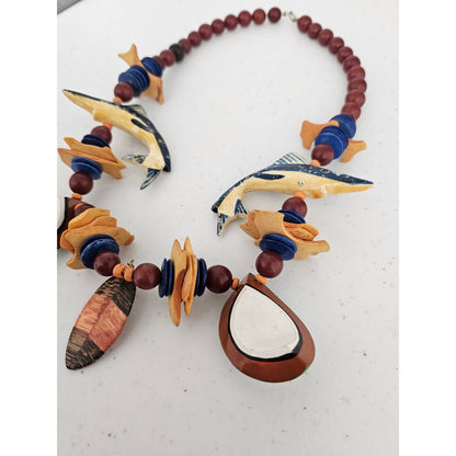 Vintage 1970s Large Wooden BEaded Estate Necklace Nautical Coconut and Fish