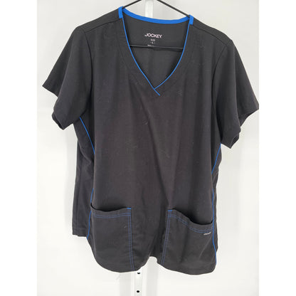 Jockey Womens Sz L Short Sleeve V Neck Scrub Top Black Blue Trim