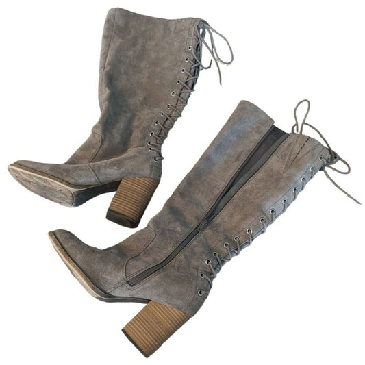 Solely Black by BKE Womens Sz 8 Landon Block Heel Boots Brown Lace Back