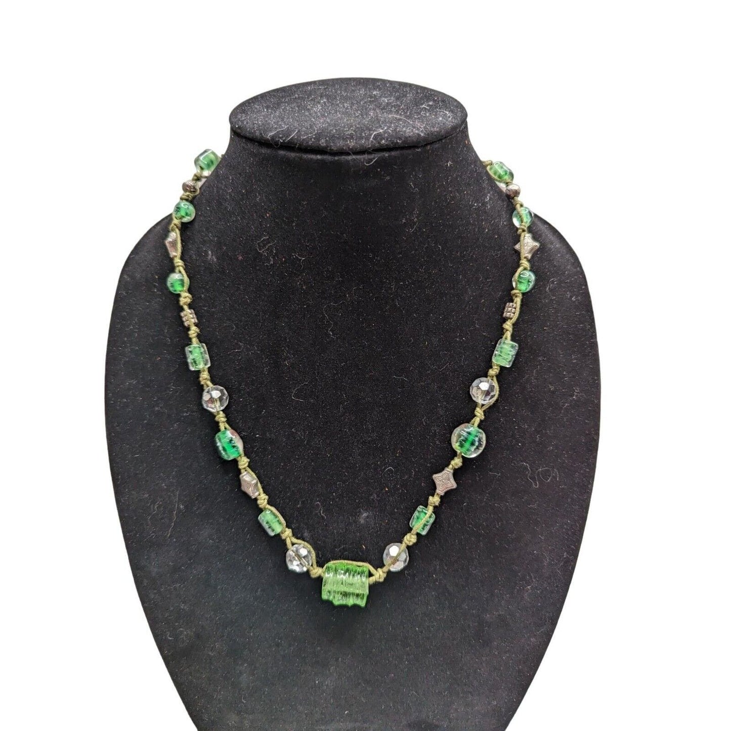 Vintage Green Glass Beaded Leather Rope Style Necklace Silvertone Accents