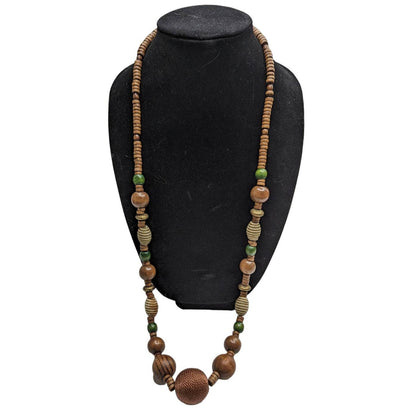 Vintage Mid Century Graduated Single Strand Beaded Necklace Wooden Brown Green