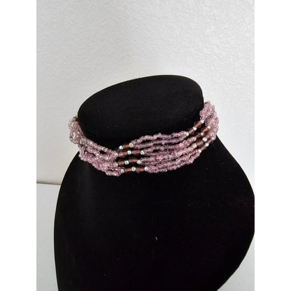 Vintage Y2K Multi Strand Seed Bead Translucent Choker Necklace Light Pink