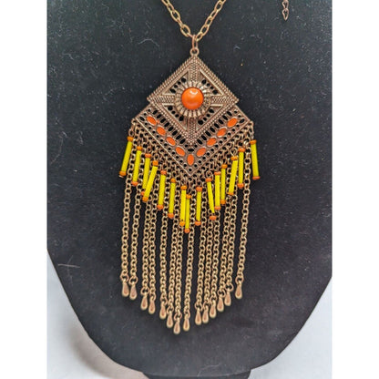 Vintage 1960s Aztec Style Beaded Fringe Statement Necklace Seedbead Bohemian