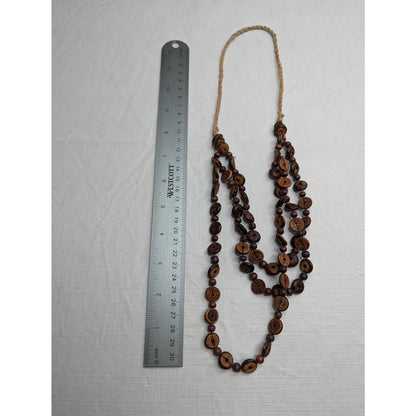 Vintage 1970s Hemp Rope Wooden Bead Layered Necklace Brown