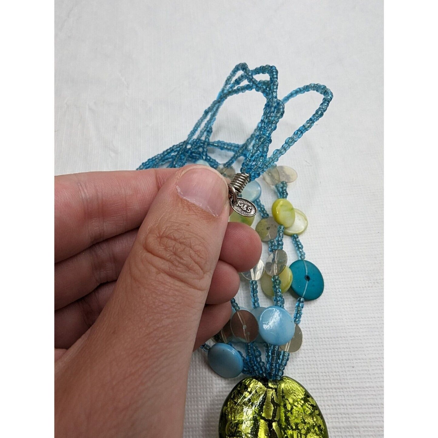 Vintage Multi Strand Seed Bead and Disc Bead Necklace Blue and Green