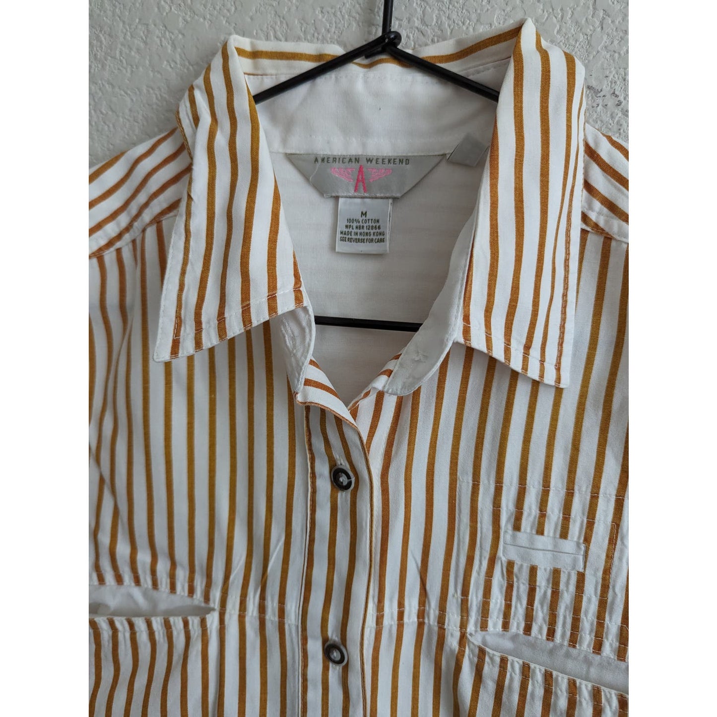 American Weekend Womens Sz M Long Sleeve Button Up Cotton Shirt Mustard Striped