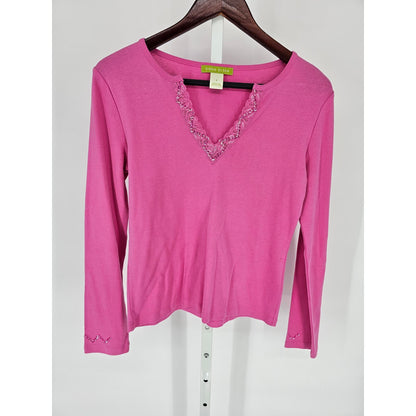 Sigrid Olsen Womens Sz S Long Sleeve 100% Cotton Top Bright Pink Embellished