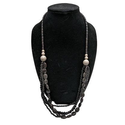 Vintage Long Multi Strand Beaded Necklace Gray Tone Beads