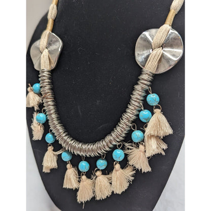 Vintage Native American Rope Style Necklace Tassels Turquoise Beaded Statement