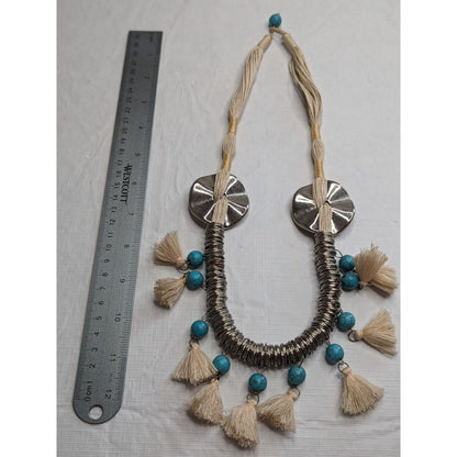 Vintage Native American Rope Style Necklace Tassels Turquoise Beaded Statement