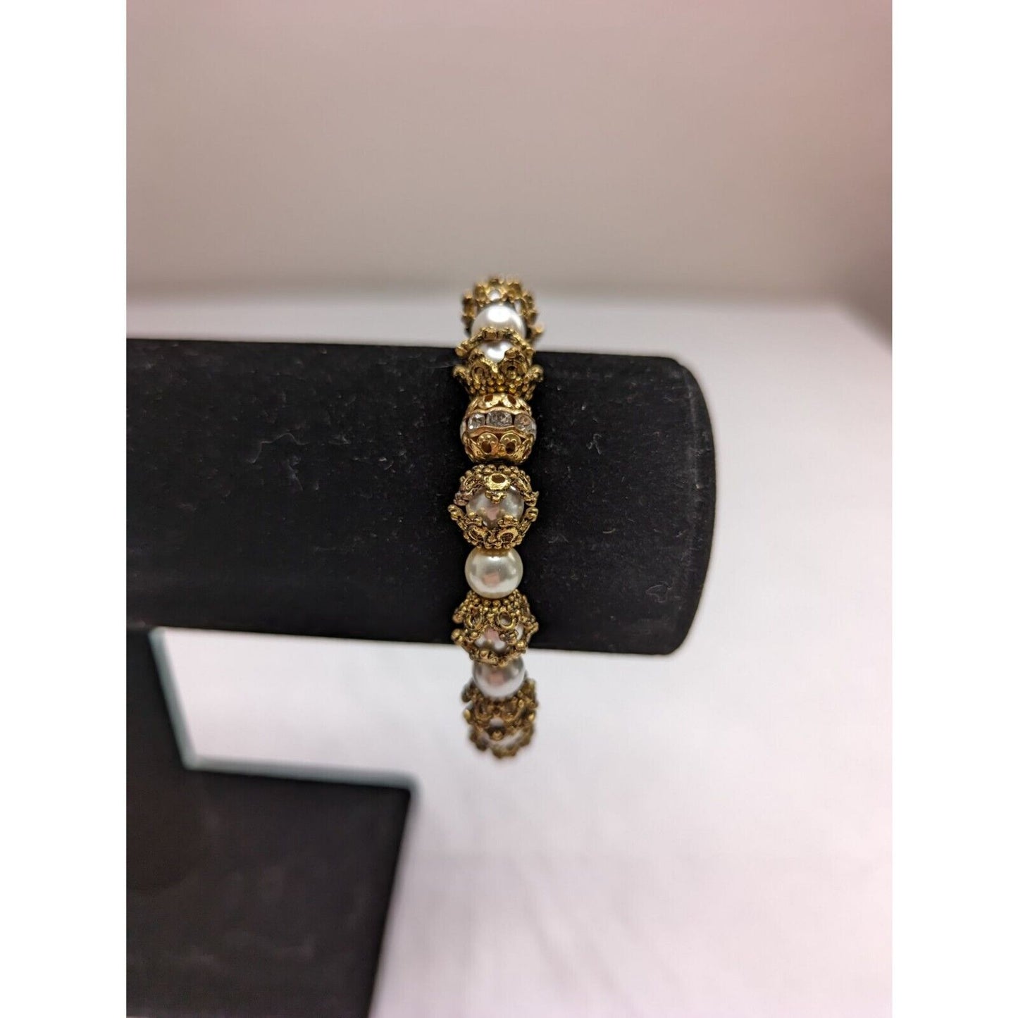 Vintage Gold Tone and Pearl Beaded Bracelet Mid Century