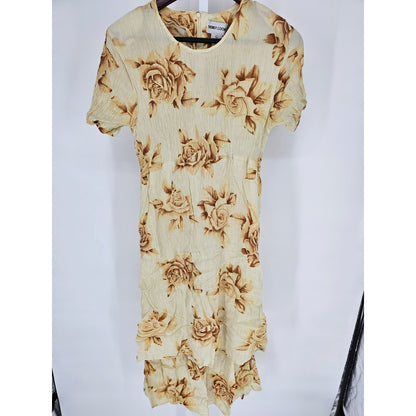 Vintage 1990s Trendy Looks Womens L Short Sleeve Midi Dress Yellow Rose Floral