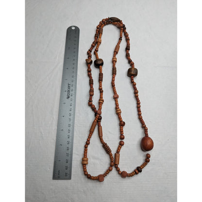 Vintage 1970s Long Single Strand Wooden Beaded Necklace Chunky Various Sized