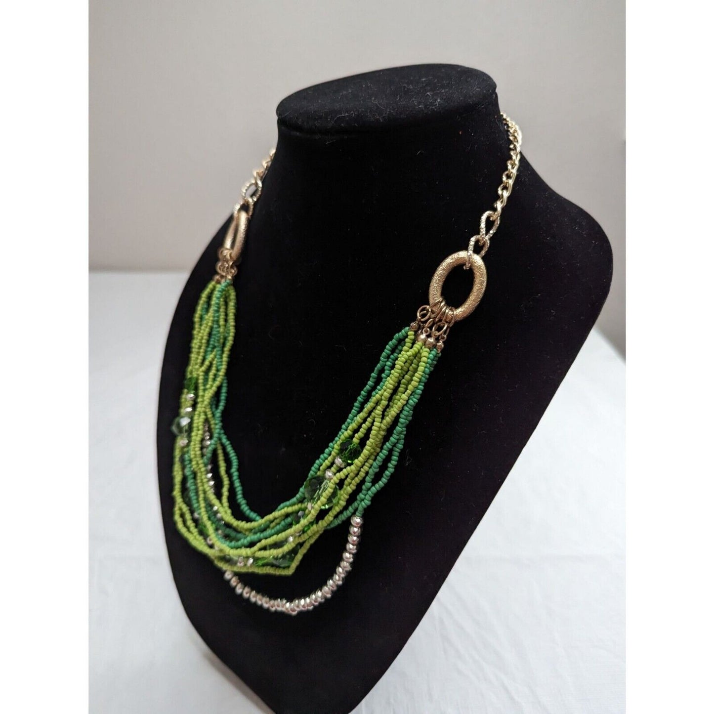 Vintage Multi Strand Seed Bead Necklace Green and Gold Chain