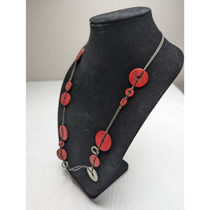 Vintage Red and Silver Wooden Disc Single Strand Mod Necklace