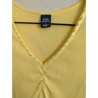 High Sierra Womens Sz L Tank Top Yellow Ribbed V Neck Beaded Neckline