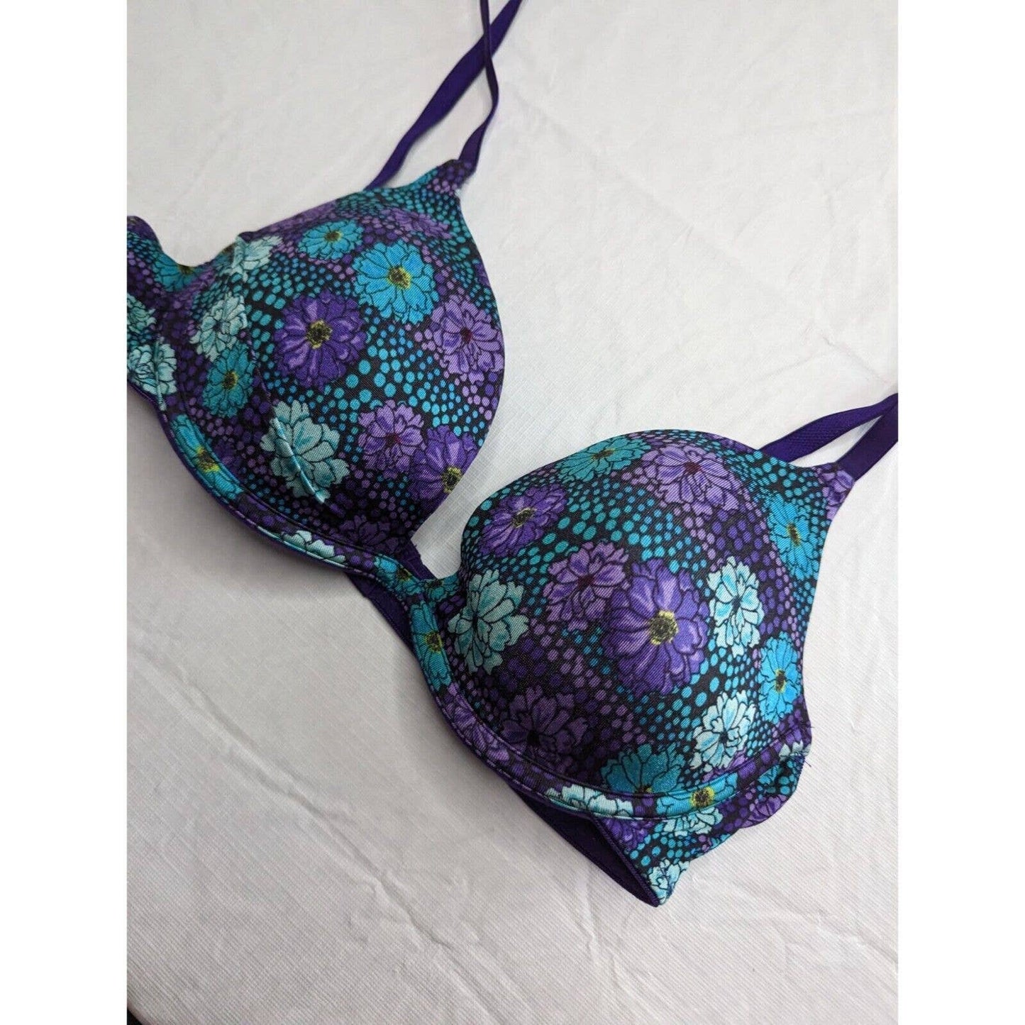 Vintage 1990s Vassarette Womens Sz 34C T shirt Bra Purple Blue Floral