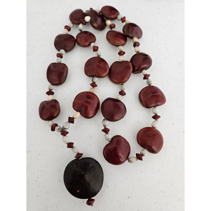 Vintage Mid Century Dark Red Shell Chunky Beaded Necklace Primitive