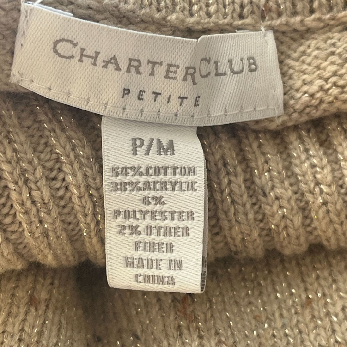 Charter Club Petite PM Taupe Metallic Weave Cowl Neck Sweater Cotton Blend