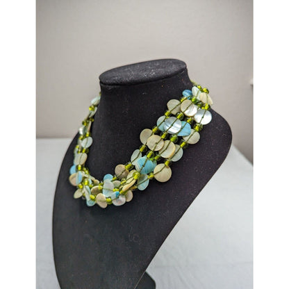 Vintage Multi Strand Disc Beaded Necklace Blue Green Mother of Pearl