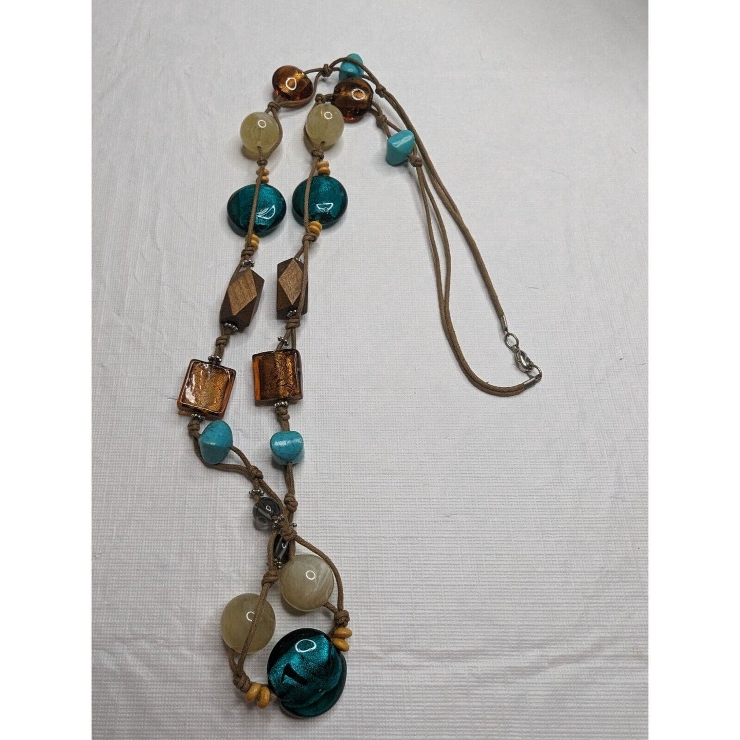 Vintage Multi Media Necklace Glass and Wooden Beads Rope String