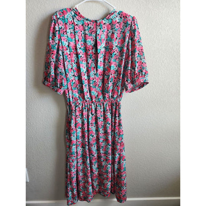 Vintage 1980s Womens Sz L Short Sleeve Full Bright Floral Midi Dress