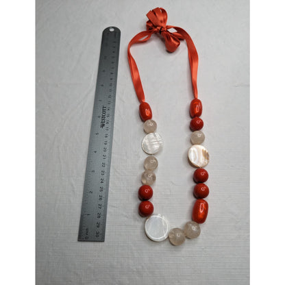 Vintage Single Strand Ribbon Glass Beaded Necklace Red White Beads