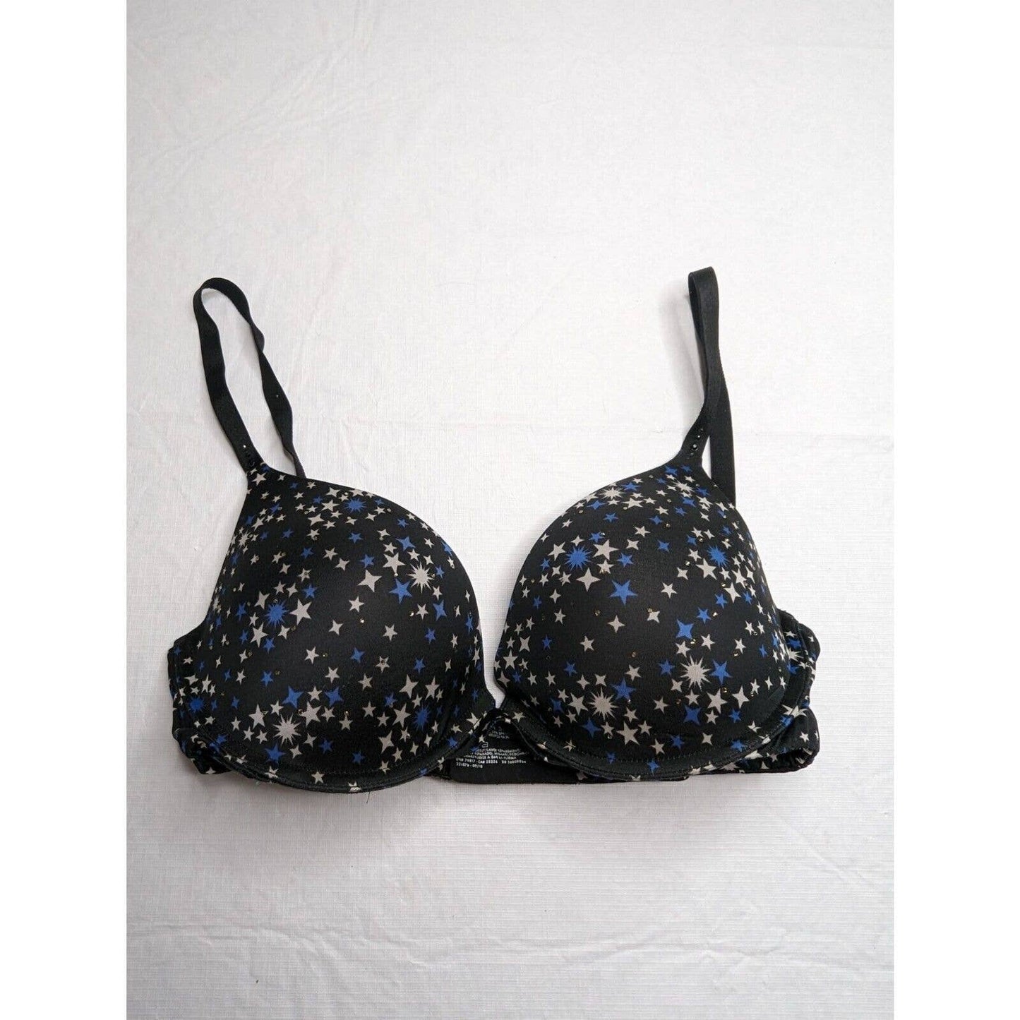 Victorias Secret Biofit Sz 34D Demi Uplift Bra Black Blue White Star Print