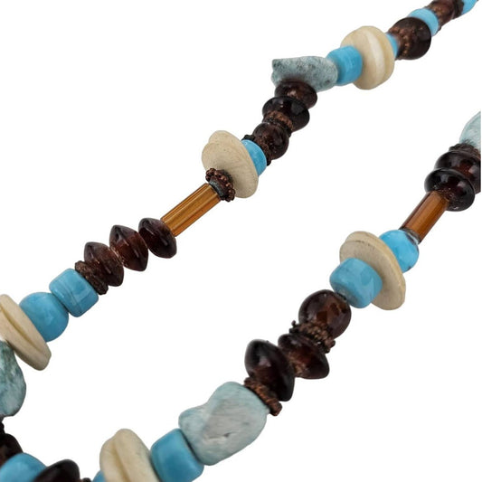 Vintage Mixed Media Single Strand Necklace Glass and Stone Brown Blue