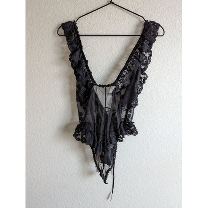 Vintage E Bole Womens Sz M Black Lace Thong Teddy Nightie Green Ribbon