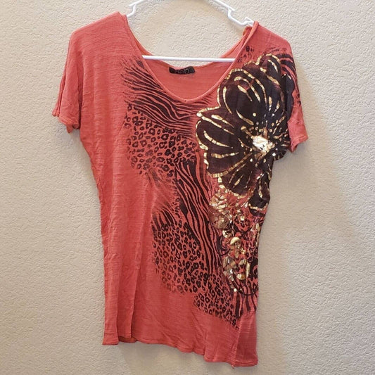 Vintage Y2K deb Womens Sz M Short sleeve T Shirt Pink Gold Animal Print