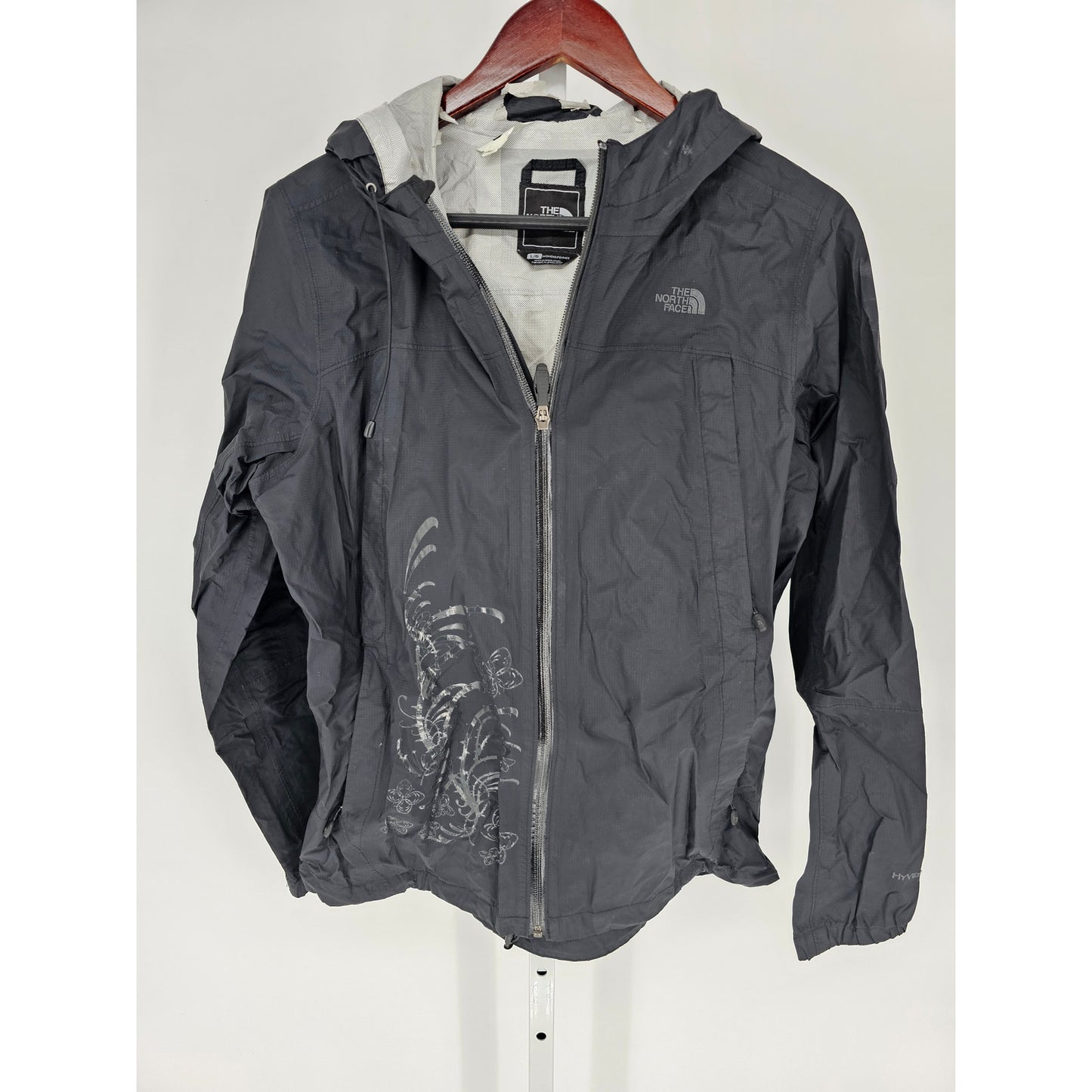 The North Face Womens Sz L Full Zip Nylon Windbreaker Jacket Black Floral