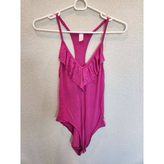 Jasmine & Ginger Womens Sz M Bodysuit Blouse Pink Ruffled Spaghetti Strap