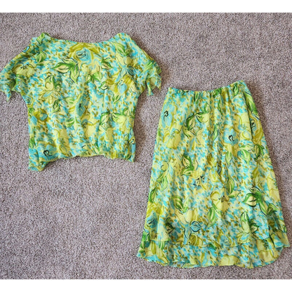 Vintage Y2K Studio I Womens Sz 14W Skirt Blouse Set Bright Green Floral