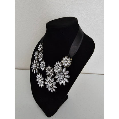 Vintage Y2K Statement Piece Bold Necklace Floral Rhinestones White Black